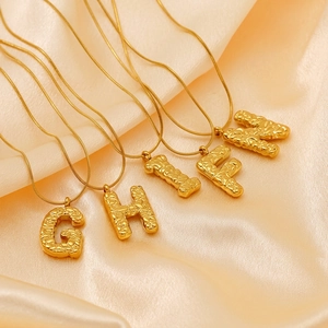 Initial Letter Pendant Necklace 18K Gold Plated Titanium Steel Hammered Wavy Texture Snake Chain Minimalist Style For Women