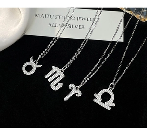 Detailed macro of S925 silver zodiac necklaces with pave zircon constellation pendants