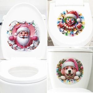 Christmas 3D Toilet Lid Sticker PVC Removable Waterproof Bathroom Wall Decor Santa Claus Dog Clown Festive Ornament