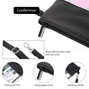 Detail of waterproof PVC crossbody bag with removable straps and strong zipper lock