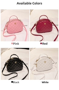 Close-up of quilted semi-circle crossbody bags in pink, red, black, and white colors