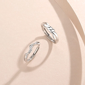 Minimalist S925 sterling silver twist rope couple rings with zircon in bright silver finish
