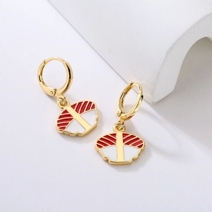 Detail of red and white enamel shell earrings with 18K gold plated hoop hooks