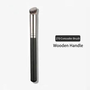 Professional 270 angled concealer brush with matte black wooden handle and silver ferrule