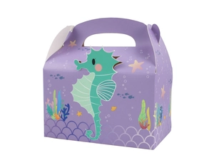 Detail of purple mermaid gift box with sea creature patterns and sturdy handle