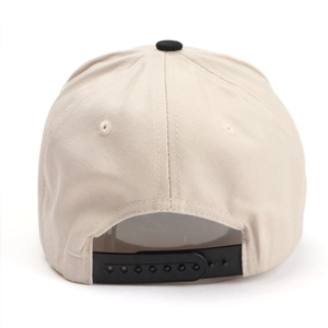 Khaki cotton snapback baseball cap with adjustable black closure and 5-panel design