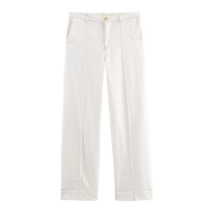 Women High Waist Wide Leg Flared Pants Contrast Topstitching Golden Button Elegant Casual Woven Polyester Trousers