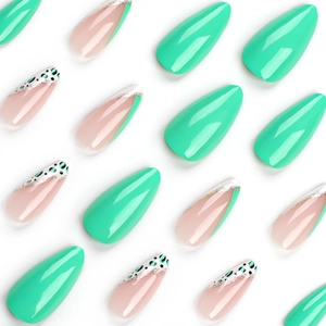 Almond press-on nails with mint green design, leopard spots, and silver glitter French tips
