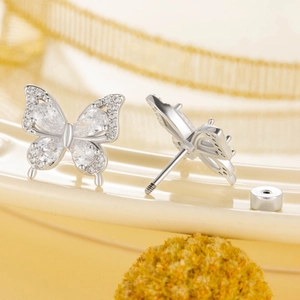 Elegant butterfly titanium steel screw-back earrings with sparkling zircon gemstones