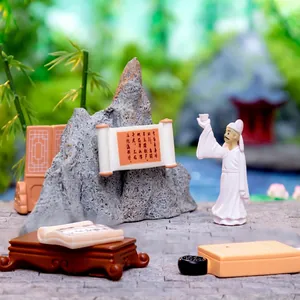 Miniature ancient Chinese garden decor set with Li Bai figure and poem scroll for bonsai