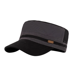 Mens vintage cotton military flat top cap with contrast stitching and side patch