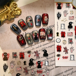 Autocollants Ongles Halloween Gothique Horreur Esthétique Sombre Traces De Sang Corbeau Oeil Maléfique Adhésif