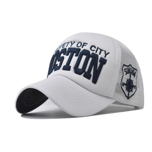 Classic white Boston embroidered trucker hat with breathable mesh and 3D lettering
