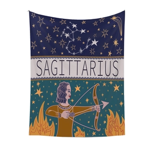 Detail of Sagittarius tapestry featuring golden star constellations and archer illustration