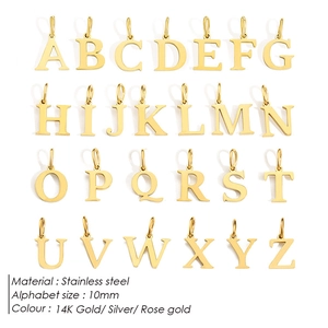 Set of 26 stainless steel 10mm alphabet pendants in 14K gold, silver and rose gold