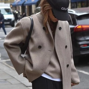 Elegant oatmeal wool blend double-breasted overcoat with classic lapel for women