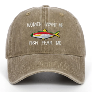 Close-up of multicolor fish embroidery on washed cotton baseball cap with funny slogans