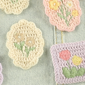 DIY colorful water-soluble floral embroidery patches on light blue denim fabric