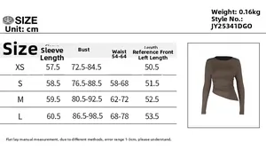 Size guide table for long sleeve asymmetric hem top showing measurements in centimeters