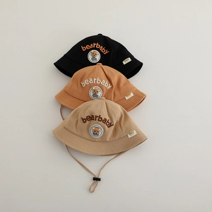 Three colors of bear embroidery baby sun hats with adjustable windproof drawstrings