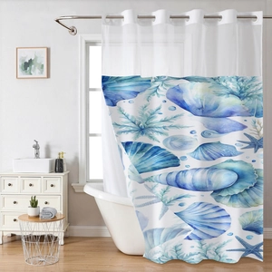 Detail of nautical watercolor shells and starfish patterns on a white polyester shower curtain