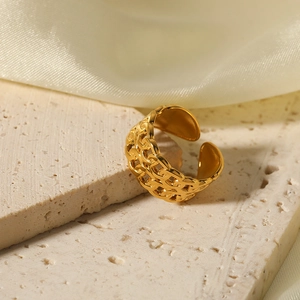 Double-layer hollow gold adjustable stainless steel ring with woven chain texture