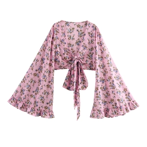 Camicetta Bohemienne Da Donna Con Stampa Floreale Scollo A V Poliestere Maniche Lunghe A Campana Crop Top Stile Vacanza
