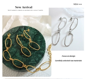 Detail showing geometric double hoop chain earrings and necklaces in gold and silver