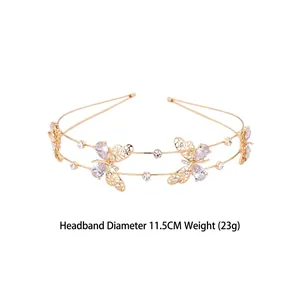 Golden double-layer headband with hollow zircon butterflies and 11.5cm diameter