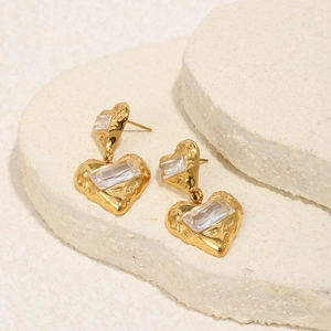 18K gold plated stainless steel heart earrings with square zircon and hammered texture