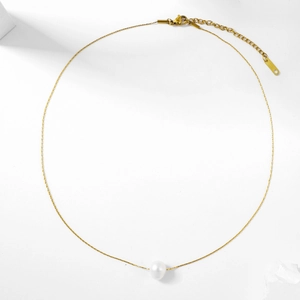 Minimalist gold stainless steel necklace with a lustrous white pearl pendant for women