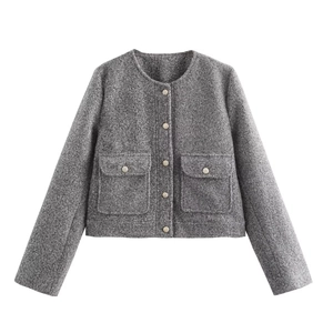 Veste Courte En Tweed Gris Pour Femmes Col Rond Boutons Dorés Manches Longues