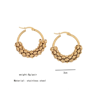 Detailed view of golden stainless steel round mesh earrings with rivet texture and 3cm diameter