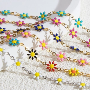 Stainless Steel Daisy Flower Enamel Bracelet For Women Gold Silver Plated Sweet Fashion Jewelry Adjustable Link Chain Bracelet Gift