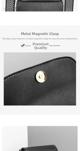 Detailed view of black litchi grain leather bag with white stitching and gold magnetic clasp
