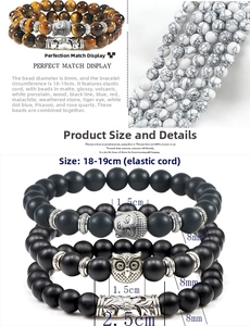 Detailed size chart showing 8mm stone beads and tiger eye bracelets with 18-19cm length