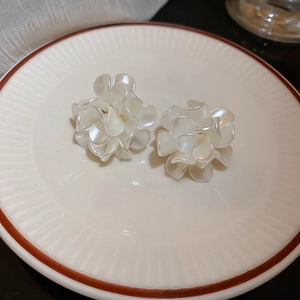 Gros plan de boucles d'oreilles fleurs blanches avec fini perlé sur une assiette