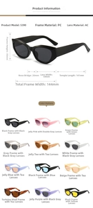 Detailed size specifications and material chart for cat eye sunglasses model 5390
