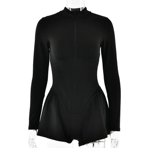 Slim fit black long sleeve romper with front zipper and athletic cinched waist design