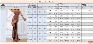 Tableau des tailles pour robe de soirée avec conversions US UK EU et mesures