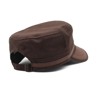 Classic dark brown cotton cadet cap with adjustable bronze metal buckle and reinforced stitching