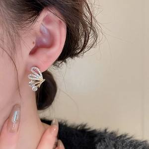 Elegant gold butterfly wing stud earrings with white cubic zirconia crystals for women