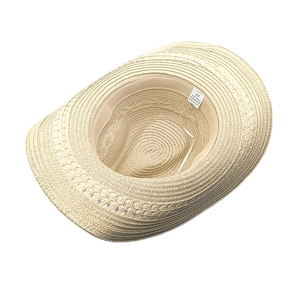Inside view of western straw cowboy hat with sweatband and 100% paper material label