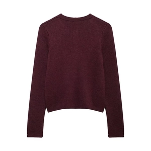 Back view of a deep wine red long-sleeve knit sweater with ribbed cuffs and hem