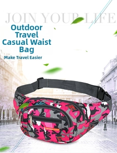 Pink camouflage waist bag with multi-layer zipper pockets and adjustable belt