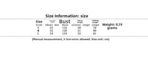 Detailed size chart for women's casual shirt and pants set including shoulder and bust measurements