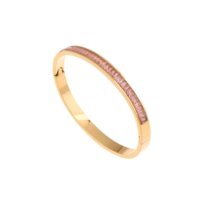 Gold plated stainless steel bangle with pink rectangular zircon stones in diagonal view