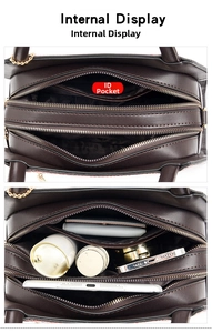 Internal view of brown faux leather handbag showing multi-compartment storage space