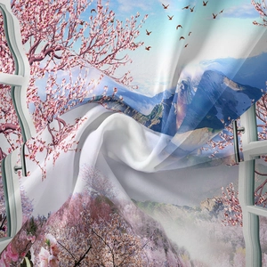 Detailed close-up showing cherry blossom mountain print on soft fabric wall tapestry