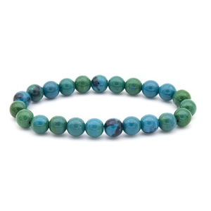 Detailed close-up of blue and green natural stone beads on a handmade stretch bracelet